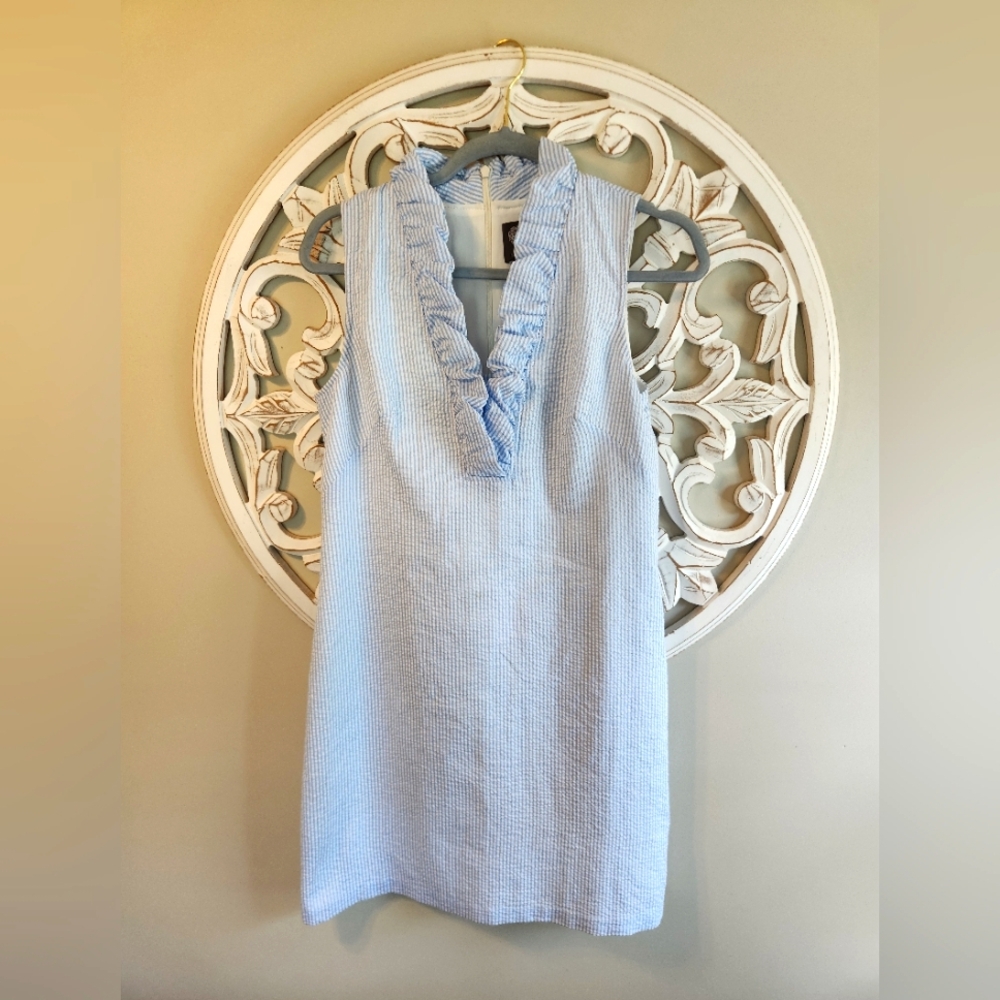 Vince Camuto Seersucker Ruffle Shift Dress. Size 6